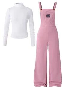 SHEIN Sparklyn Bộ 2 áo phông và quần yếm đa năng thường ngày cho bé gái tuổi teen, áo phông trắng đơn giản, quần yếm vải gân có túi và logo thêu, thích hợp cho các buổi đi chơi mùa thu/đông, đi bộ, mua sắm, đi làm - Hồng - Xem 5