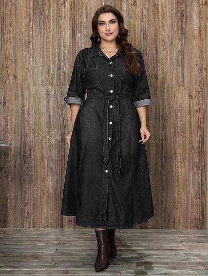 EMERY ROSE 大码女士优雅系带牛仔连衣裙