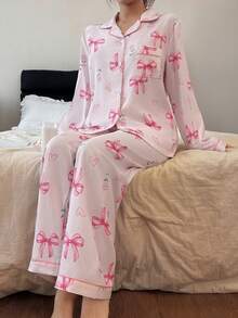SHEIN Bow, Heart & Flower Print Lapel Long Sleeve Pajama Set Pink Pajamas Floral Pj Set Pajamas Set Bow Pajamas - Pink - View 3