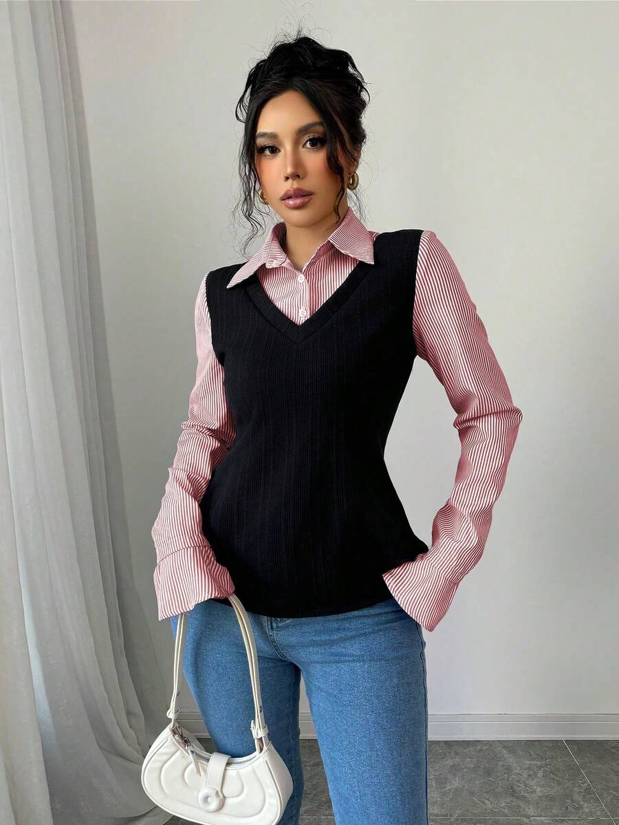 SHEIN Elenzya 女士休闲撞色条纹长袖常规款上衣，秋季 - 紅色 - 查看 1