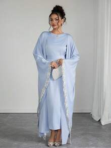SHEIN Raffinéa Women's Winter Party Elegant Luxury Design Sequin Tassel Splice Long Sleeve Robe Jacket And Minimalist Round Neck Sleeveless Cinched Waist Waist Long Dress 2-Piece Set - Baby Blue - View 5
