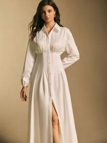 Poéselle Vestido camisero largo con botones blancos para mujer, silueta de manga larga con cuello y cintura ceñida con abertura frontal - Estilo minimalista atemporal para el trabajo, días casuales chic, viajes y reuniones elegantes. Vestido largo de unicolor de manga larga minimalista para mujer, vestido camisero casual de uso diario, vestido camisero blanco largo para mujer, vestido camisero casual largo - Blanco - Ver 4