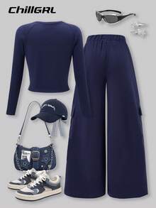 SHEIN Explorewe 2pcs/Set Tween Girls' Casual Navy Blue Raglan Sleeve T-Shirt & Cargo Pants Suit,Autumn Cow Boy School Back-To-School Patchwork Design Print Outfit - Royal Blue - View 2