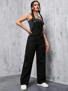 SHEIN EZwear 女士宽松口袋阔腿休闲牛仔连体裤 - 黑色 - 查看 9