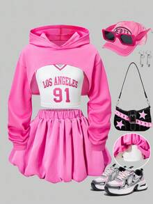 SHEIN ChillGRL 3 件套青少年女孩休闲连帽衫、图案背心和花卉印花泡泡裙套装，适合日常穿着、返校、春夏秋套装、秋装 - 粉色 - 查看 6