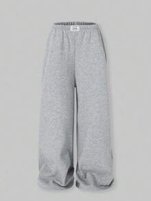 SHEIN ChillGRL 1pc Teen Girl Oversized Grey Washed Waistband Straight Leg Extra Long Trousers, Autumn/Winter