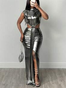 BamGleam Fashionable Sexy Metallic Cutout Dress - Silver - View 3