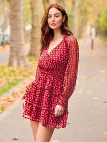 lacRébo Romantic Floral Print Mini Dress With Ruffle Details Spring Women Clothes Autumn Dress Spring Women Clothes Spring Summer Red Dress - Red - View 4