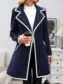 EMERY ROSE 女士优雅休闲通勤黑白拼接长款羊毛混纺大衣 - 寶藍色 - 查看 1