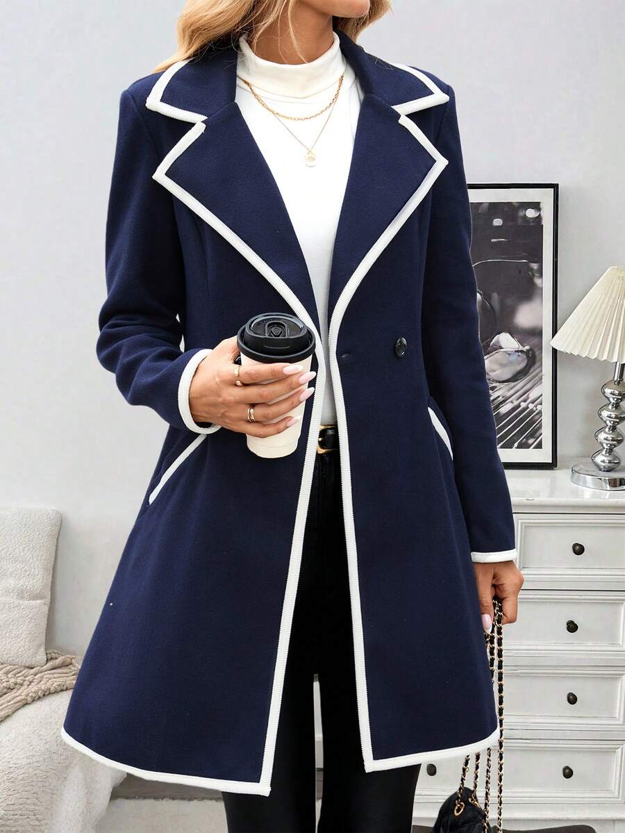 EMERY ROSE 女士优雅休闲通勤黑白拼接长款羊毛混纺大衣 - 寶藍色 - 查看 1