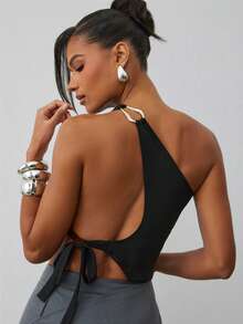 Hauture Áo hai dây hở lưng gợi cảm thiết kế bất đối xứng - màu đen - Xem 1