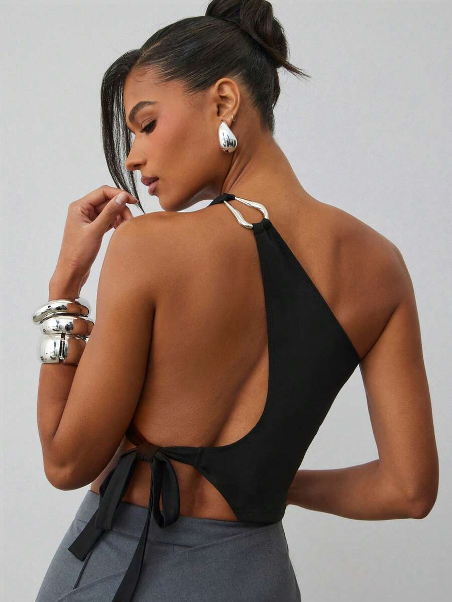 Hauture Áo hai dây hở lưng gợi cảm thiết kế bất đối xứng - màu đen - Xem 1