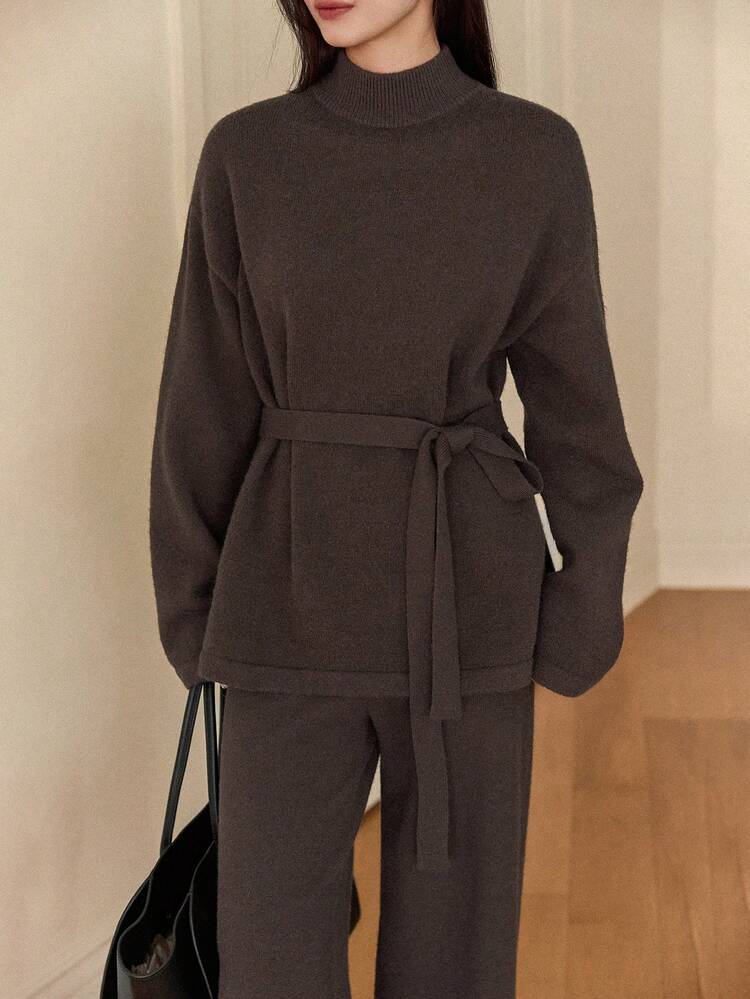 Women's Casual Everyday Commute Simple Solid Color High Neck Loose Belted Sweater And Flared Leg Pants 2-Piece Set, Autumn/Winter Business Casual Woman