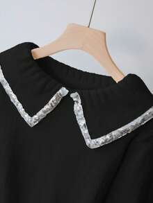 Franclia Women's Elegant Sequin Embellished Collared Long Sleeve Slim Fit Solid Color Pullover Sweater, Plus Size, Autumn/Winter - Black - View 3