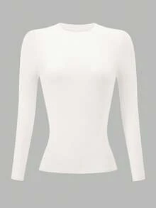 INAWLY 大码女式纯色修身长袖圆领T恤 - 米色 - 查看 3