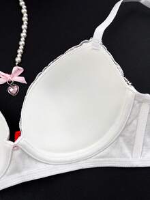 PetitDoll 1pc Cute & Sweet Heart Print Bow Decor Wire-Free Bra For Women - Red and White - View 8