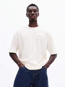 SUMWON Áo thun cotton cổ tròn tay ngắn dáng ôm vừa vặn dành cho nam, in logo toàn bộ lưng, thường ngày mùa hè - Màu be - Xem 2