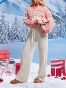 MISSGUIDED Mid Rise Cable Knit Lounge Pants For Women Winter Cozy Comfort Wide Leg Knitted Trousers - White - View 1