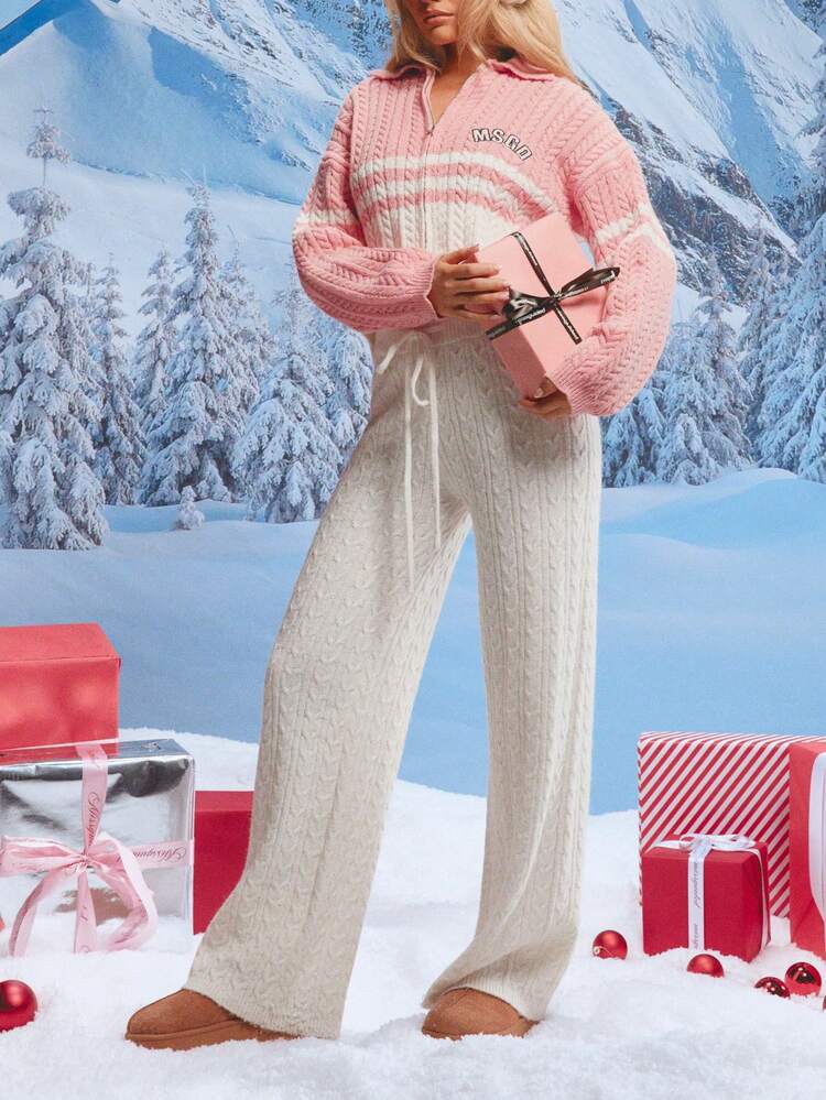 MISSGUIDED Mittlere Taille Zopfstrick Lounge Hose für Damen, Winter Gemütlichkeit, weites Bein gestrickte Hose
