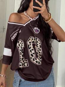 Coolane 女款春夏街头风 Y2K 豹纹印花数字足球球衣 V 领粉色 T 恤