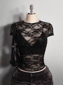 SHEIN ICON Áo thun tay ngắn hở lưng cổ tròn ren đen cỡ lớn - màu đen - Xem 4