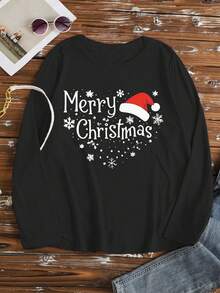 EMERY ROSE Christmas Santa Hat & Slogan Print Round Neck Short Sleeve Fashionable Plus Size T-Shirt - Black - View 3