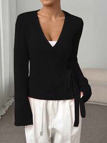 Flirla 系带宽松休闲百搭女式开衫 - 黑色 - 查看 3