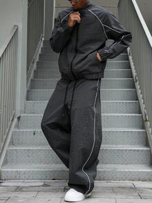 PAVTROS Conjunto de top con cremallera de manga larga y pantalones casuales para hombre. Ropa urbana, amigos, a juego, holgado, para hombres, gráfico, estilo japonés, unisex, amo a mi novia - Multicolor - Ver 4