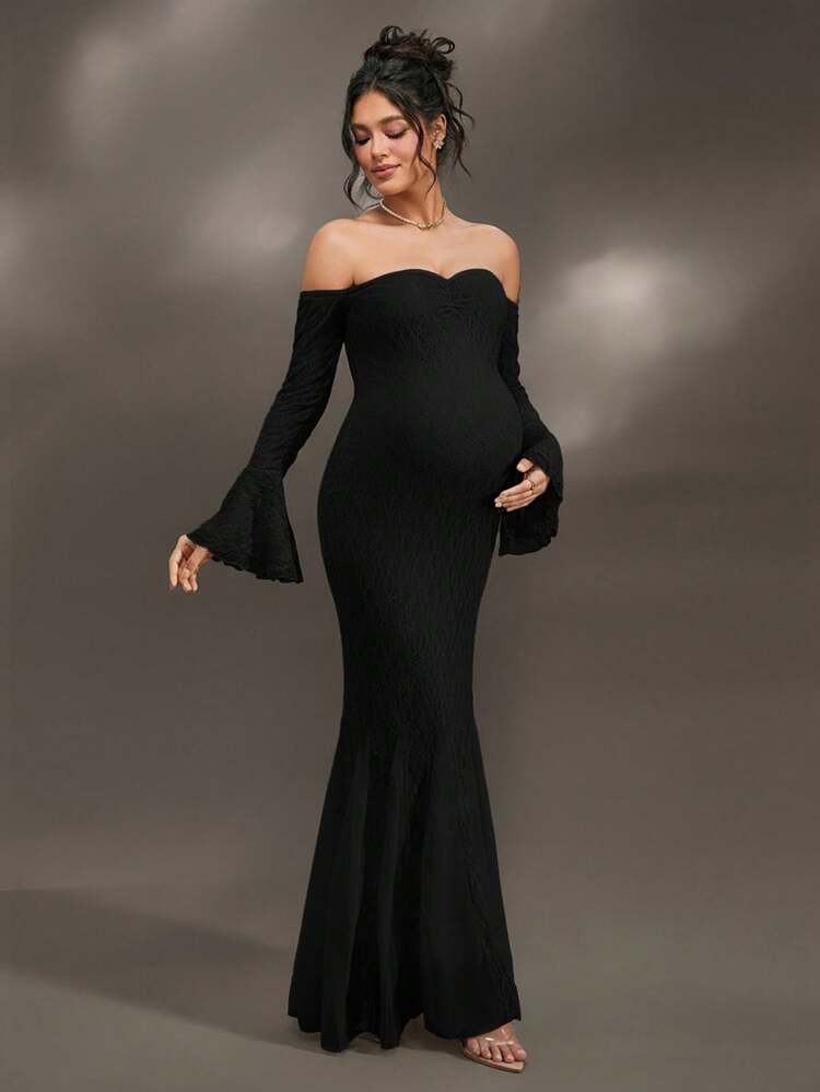 Cheriluna Maternity Váy voan phối ren hở vai dài tay cho bà bầu, thích hợp cho tiệc Giáng sinh, tiệc sang trọng, tiệc mừng em bé - màu đen - Xem 3