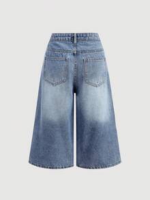 SHEIN Girlism Pantalones vaqueros azules de ajuste holgado con estampado de lazo y corazón para adolescentes - Lavado ligero - Ver 5