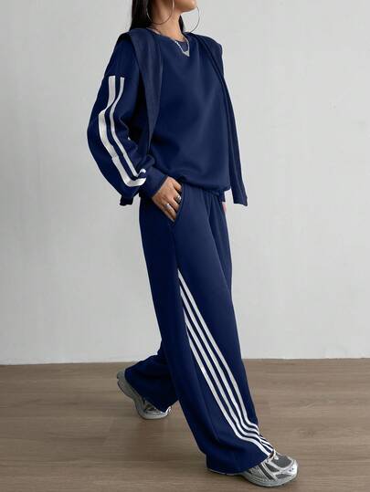 Aidyla 2pcs Set Contrast Color Striped Fleece Hoodie Sweatshirt, Fashionable Street Style