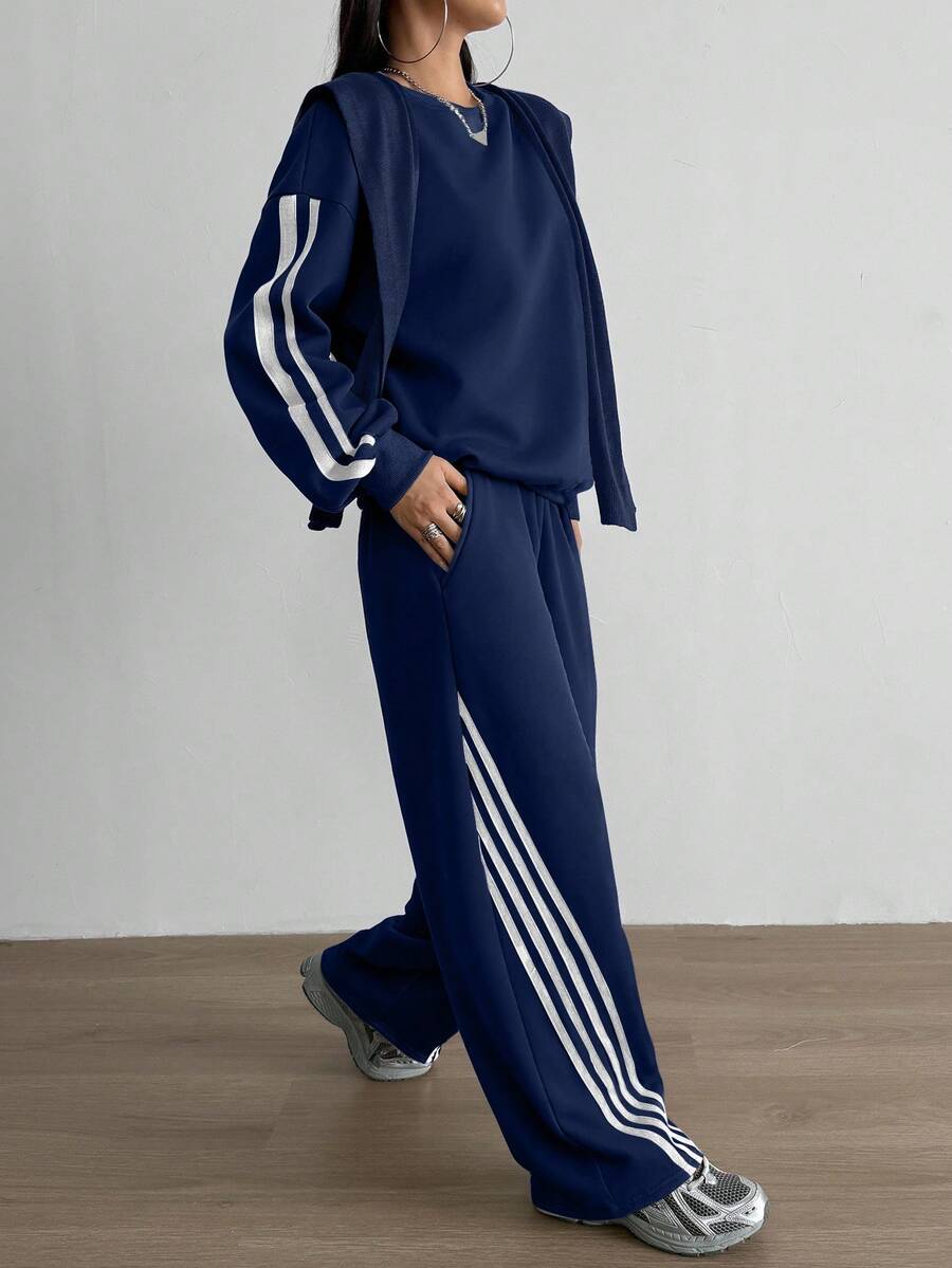 Aidyla 2 件套撞色条纹羊毛连帽衫,时尚街头风格 - 藏蓝色 - 查看 1