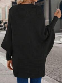 SHEIN PETITE Suéter holgado de mujer de unicolor con cuello en V y mangas de murciélago, para otoño/invierno - Negro - Ver 2