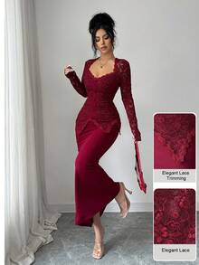 Modelyn Đầm ôm body midi cổ vuông phối ren, thắt nút eo dành cho nữ - Màu Đỏ Sâu - Xem 3