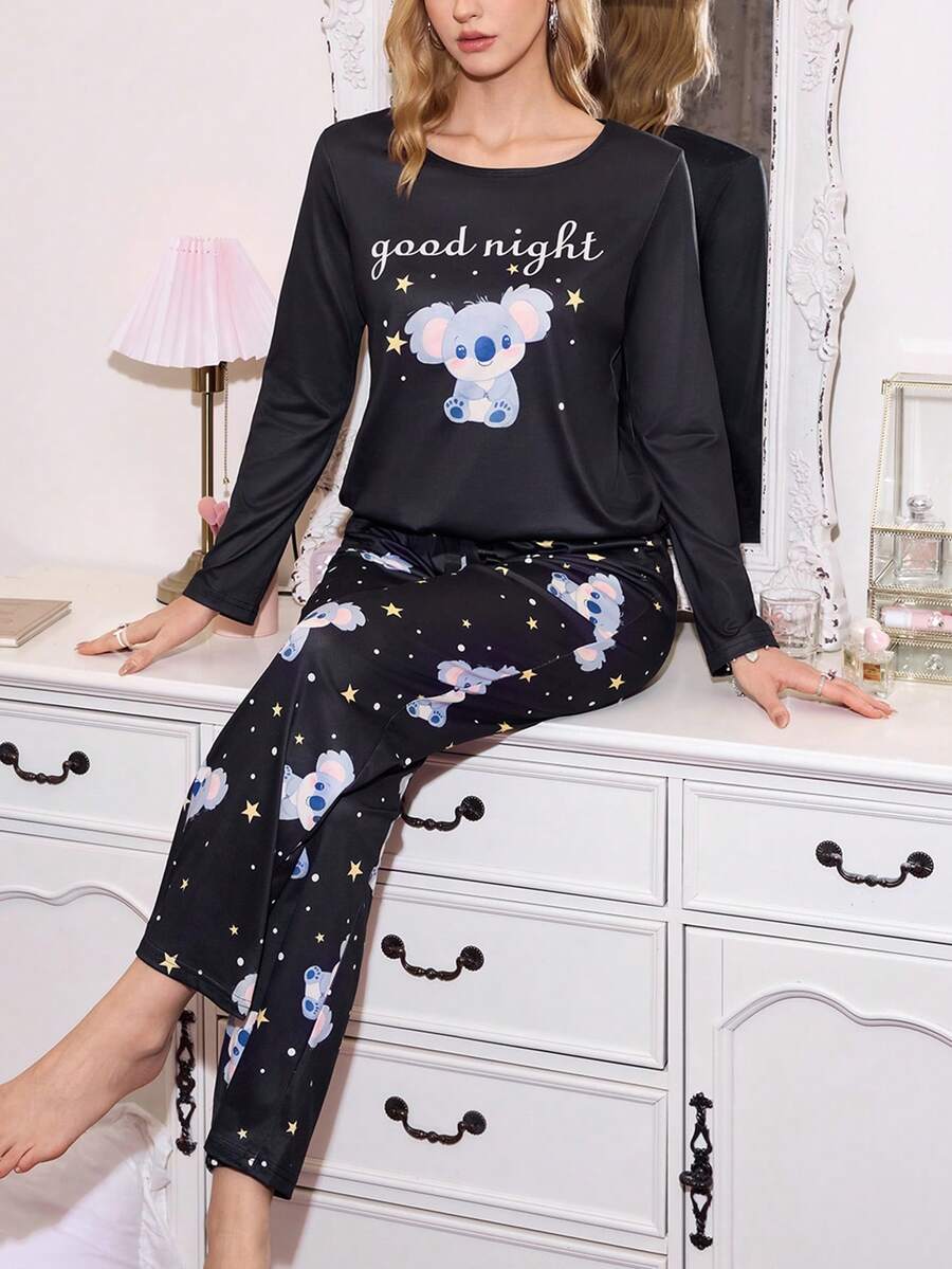 可爱考拉星星印花女士睡衣套装，长袖上衣和裤子，考拉睡衣套装，熊图案睡衣，黑色睡衣套装，冬季服装 - 彩色 - 查看 1