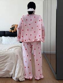 SHEIN 大码女式红色条纹爱心印花长袖睡衣套装，荷叶边下摆，可爱睡衣套装，冬季服装 - 杏色 - 查看 2