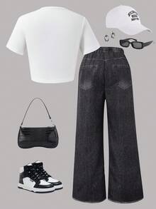 SHEIN ChillGRL 2 件/套街头时尚女孩套装：修身短款图案星星针织上衣 + 牛仔印花宽腿宽松裤 - 灰色 - 查看 2