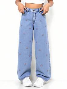 SHEIN ChillGRL Teen Girls Wide Leg Jeans, New Design Embroidered Bowknot Straight Leg Pants Pants Baggy Jeans Baggy Jeans Woman Baggy Girl Jeans Pants Jean Baggy Jeans For Girls Summer Holiday - Light Wash - View 7