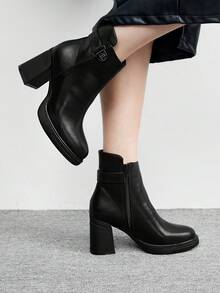 CUCCOO BIZCHIC Botas de tacón alto hasta el tobillo de diseño con hebilla, de moda y casuales para mujer - Negro - Ver 3