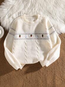 SHEIN Girls Crew Neck Long Sleeve Knit Sweater, White Autumn Cute Holiday Back-To-School French Retro Textured Cable Knit Pullover For Tween Girl - White - View 1