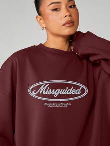 MISSGUIDED Burgundy Crew Neck Sweatshirt With Oval Logo Print Long Sleeve Pullover Casual Loungewear Fall Winter Comfort Top - Coffee Brown - View 6