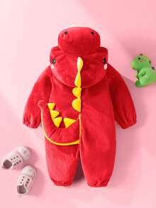 SHEIN 新生儿可爱趣味水晶毛绒3D恐龙造型连体衣，长袖长裤