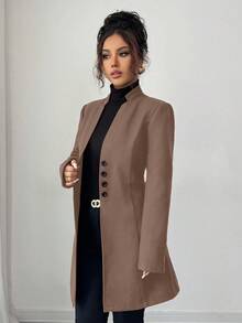 SHEIN Tall 女款休閒立領羊毛混紡修身長版夾克外套，女款長版大衣西裝外套裙，適合高個女性 - 摩卡棕 - 查看 6