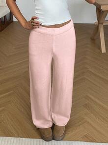 CovetEZ Women's Solid Color Elastic Waist Straight Leg Casual Knit Pants, Autumn/Winter Wide Leg Sweatpants Fold Over Pants Flare Sweat Pants