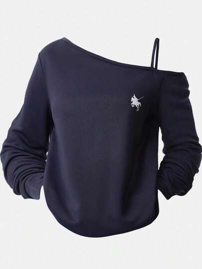 Girlism Tween Girls Casual Asymmetric Shoulder Strap Long Sleeve T-Shirt, Suitable For Summer, Casual, Sports, School Navy Blue Tops Top Tween GirlKids Dark Blue Autumn Winter Clothes For Women