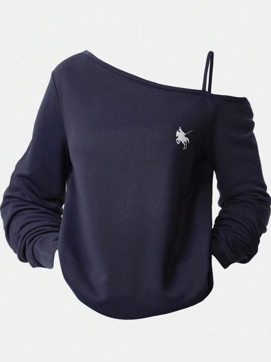 Girlism 青少年女孩休闲不对称肩带长袖 T 恤,适合夏季、休闲、运动、学校海军蓝色上衣青少年女孩儿童深蓝色秋冬女装 - 藏蓝色 - 查看 1