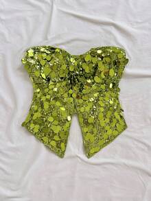 Soleia Áo Bandeau vải họa tiết xoắn xẻ tà gợi cảm cho kỳ nghỉ giản dị - màu xanh lá - Xem 4