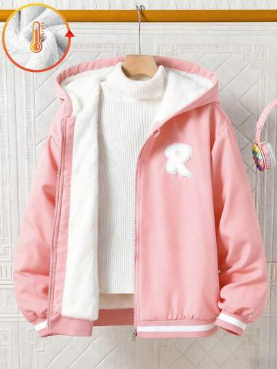 Sparklyn Teen Girls' Fashionable & Cool Letter Embroidery Thermal Lined Zip-Up Hooded Jacket, Suitable For Daily Wear, School, Sports, Back To School Season Girls Sweatshirts Zipper Cute Jacket Girls Hooded Thin Casual Fashion Zipper Outerwear Teen Girl Clothes Girls Jacket With Hoodie Girls Hooded Jacket Girls Zipper Jacket