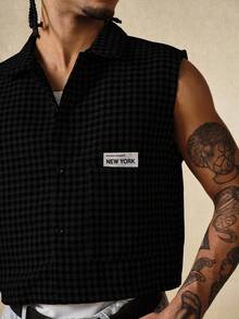 ROMWE MEN Street Life Men's Casual Vest With Letter Emblem And Patch Pattern, Single-Breasted Design - Black - View 6