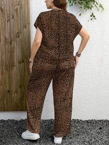 EMERY ROSE مجموعة قطعتين كاجوال بطبعة نمر بني بسيطة من ميلارد، مناسبة للخريف والشتاء والعام الجديد، مقاسات كبيرة - بني - مشاهدة 2